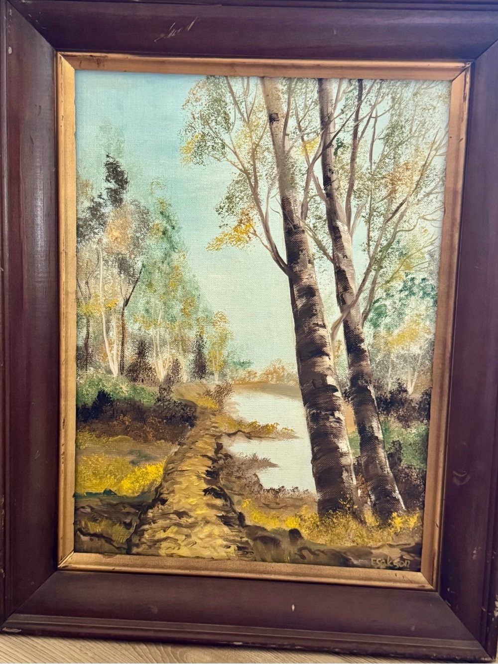 Mid Century Signed Esakson Birch Tree Landscape Oil Painting - Framed